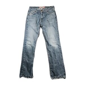 Monarchy Men's Jeans 34 (33x33) Blue Denim Straight Embroidered White Stitch